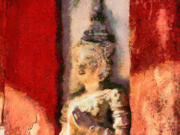 istock Ancient carved statues made from wood to adorn ancient buildings Illustrations creates an impressionist style of painting. 1444149167