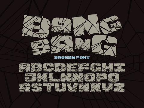 Font set with vector letters in cracked broken shape