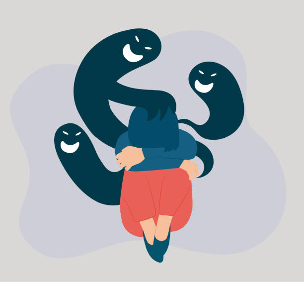 Spirits whispering to a girl with dissociative identity disorder. Schizophrenic woman suffers from split personality. Concept of Schizophrenia, bipolar and mental health. Dark spirits whispering to a girl with dissociative identity disorder. Schizophrenic woman suffers from split personality hide her face. Concept of Schizophrenia symptoms, bipolar and mental health. dissociative identity disorder stock illustrations