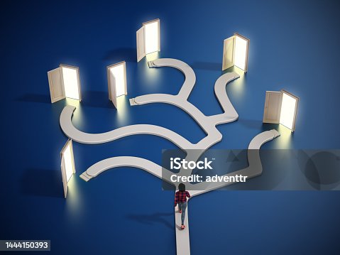 istock 3D character walking on the road leading to many different paths with open doors. Decisions concept 1444150393