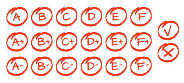 illustrations, cliparts, dessins animés et icônes de ensemble de résultats d’examen, lettres a f dessinées à la main en cercles et marques à faire et à ne pas faire. graphique de l’école d’éducation, note rouge de parfait à pas bon, signes de croquis vectoriels - report card