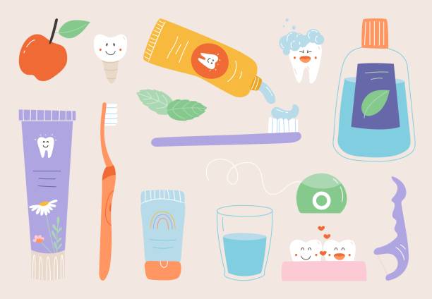 Dental care tools, cute teeth mascots. Cleaning stomatology brushes, paste and liquids. Fresh breath tool. Oral hygiene classy vector cartoon elements Dental care tools, cute teeth mascots. Cleaning stomatology brushes, paste and liquids. Fresh breath tool. Oral hygiene classy vector cartoon elements of dental care hygiene illustration cute cartoon dental implants stock illustrations
