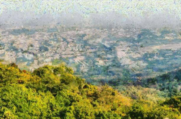 istock Landscape view Of Chiang Mai City Thailand on Doi Suthep Illustrations creates an impressionist style of painting. 1444153952