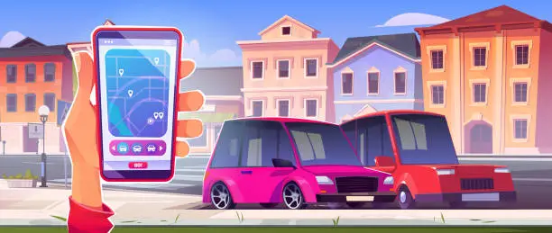 Vector illustration of Car sharing or taxi service concept, smartphone