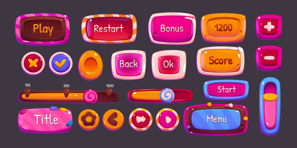 ilustraciones, imágenes clip art, dibujos animados e iconos de stock de botones de juego brillantes con textura de caramelo - check mark digital composite blue computer icon