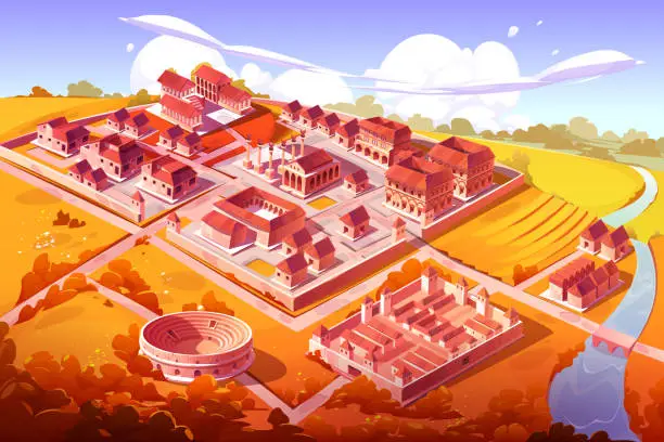 Vector illustration of Ancient Rome, isometric cartoon autumn cityscape