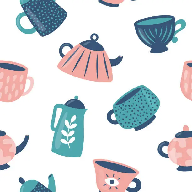 Vector illustration of Seamless pattern with cute cartoon teapots and mugs. Kettles and cups with different ornament. Tea and coffee or kitchen crockery theme wallpaper.