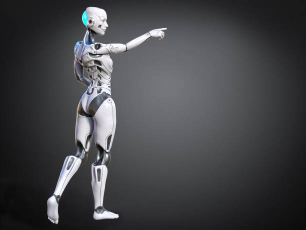 istock 3D rendering of a female android pointing with greyish background. 1444157579