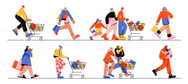 Vector illustration of Happy people run to store sale, black friday