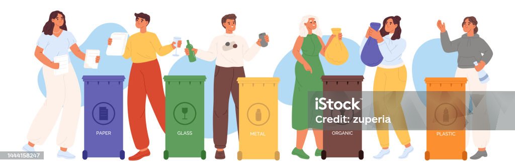 Sort Garbage People People Sort Waste Collecting Plastic Paper And Glass Trash In Recycling ...
