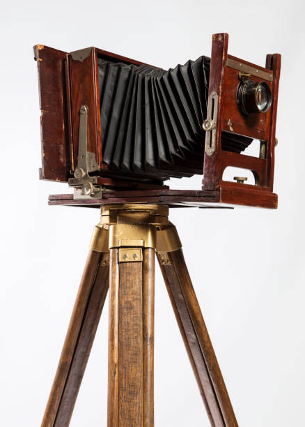 istock Retro film photo camera isolated on white background. 1444158301