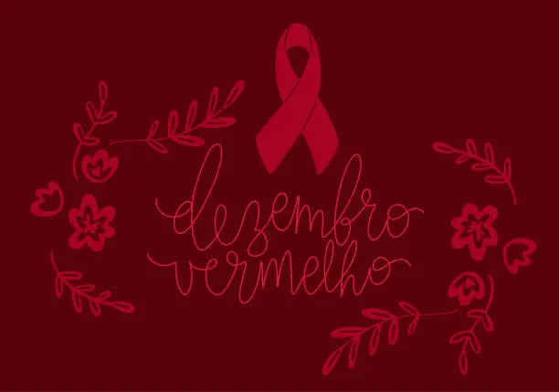 Vector illustration of Dezembro Vermelho translation from portuguese December Red, Brazil campaign for HIV AIDS awareness. Handwritten calligraphy and awareness ribbon vector