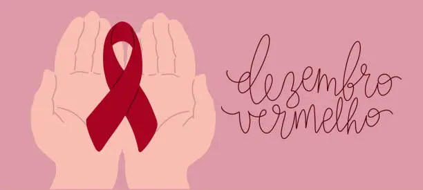 Vector illustration of Dezembro Vermelho translation from portuguese December Red, Brazil campaign for HIV AIDS awareness. White human hands holding awareness ribbon vector