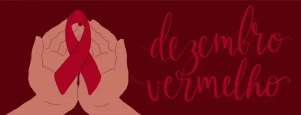 Vector illustration of Dezembro Vermelho translation from portuguese December Red, Brazil campaign for HIV AIDS awareness. Brown human hands holding awareness ribbon vector