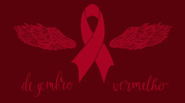 Vector illustration of Dezembro Vermelho translation from portuguese December Red, Brazil campaign for HIV AIDS awareness. Handwritten calligraphy and awareness ribbon with wings vector