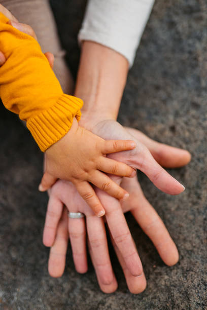 Close-up of mother, father and their toddler holding hands together in the park.