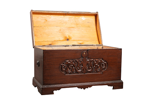 Open empty old wooden Treasure chest isolated on the white background