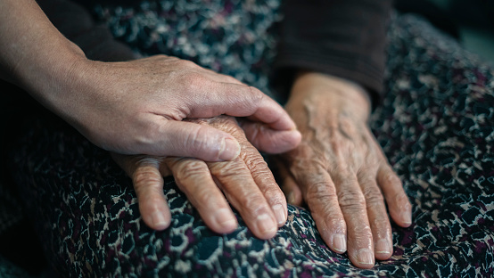 Close-up Adult woman and old woman holding hands