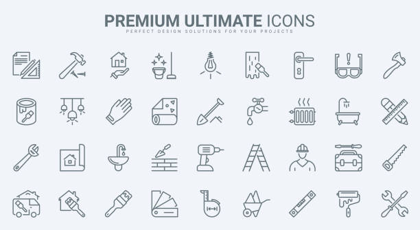 Home repair and renovation thin line icons set, diy tools for building improvement Home repair and renovation thin line icons set vector illustration. Outline diy tools for building improvement and construction, maintenance work of builders, handyman and engineer equipment handyman stock illustrations