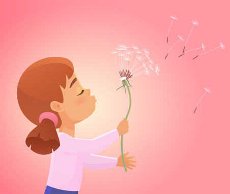 Cute girl blowing on dandelion, flower seeds flying away with wind vector illustration. Cartoon little kid enjoying spring in nature, make wish background. Childhood, aspirations, imagination concept