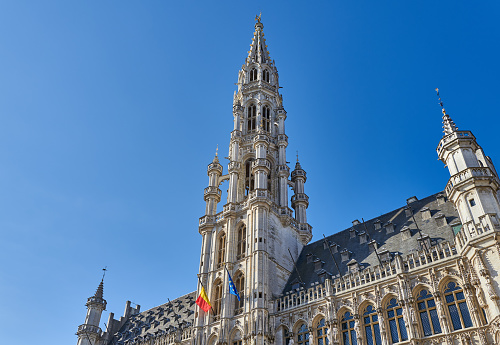 Brussels, Beigium, view of the tower of the town hall in the Grand place (Grote Markt) square