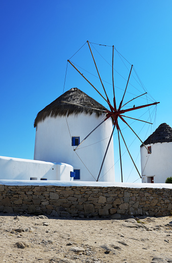 Beautiful view of old windmills in Mykonos island , Greece