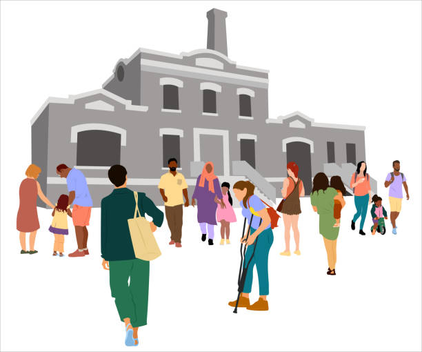 Teacher's First Day Back To School Green Teacher crossing a crowded schoolyard full of kids and parents to reach the school building.  Flat design illustration historic building stock illustrations