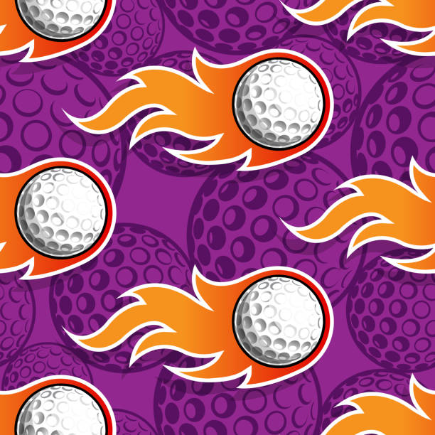 illustrazioni stock, clip art, cartoni animati e icone di tendenza di palline da golf in fiamme che ripetono lo sfondo delle piastrelle. pallina da golf e fiamma di fuoco senza cuciture modello immagine vettoriale carta da imballaggio. - golf ball golf fire backgrounds