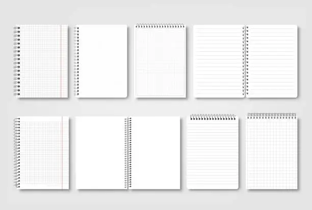 Vector illustration of Realistic notebook binder sheets. Open school lined notepad, copybook or planner. Isolated empty notebooks on spirals, pithy vector mockup