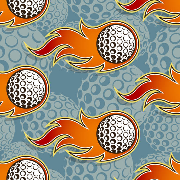 illustrazioni stock, clip art, cartoni animati e icone di tendenza di pallina da golf in sfondo ripetuto di fuoco. palline da golf senza cuciture modello vettoriale immagine carta da parati e carta da imballaggio design. - golf ball golf fire backgrounds