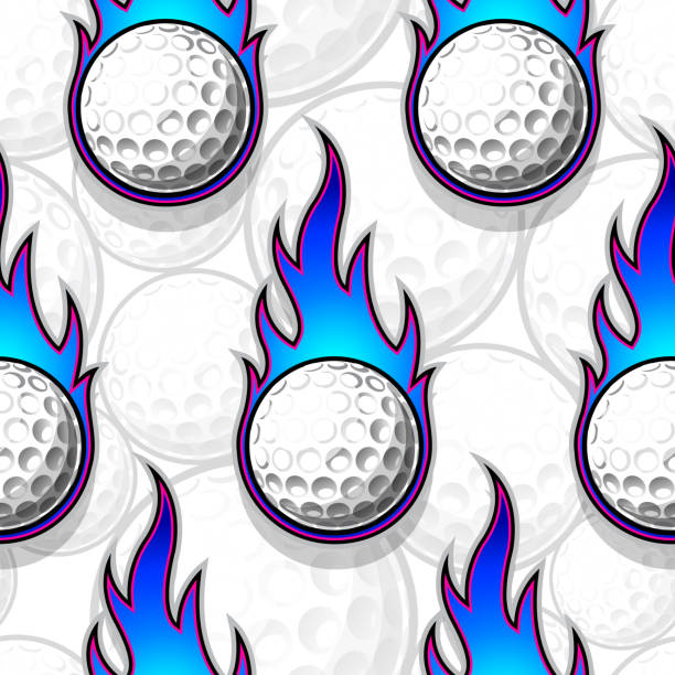 illustrazioni stock, clip art, cartoni animati e icone di tendenza di pallina da golf in sfondo ripetuto di fuoco. palline da golf senza cuciture modello vettoriale immagine carta da parati e carta da imballaggio design. - golf ball golf fire backgrounds