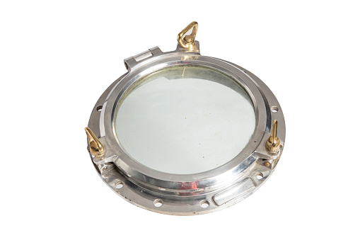 Golden vintage metal frame isolated at white background. Bronze border on the ship porthole with rivets at the old sail vessel as a decor element of window for your marine design.