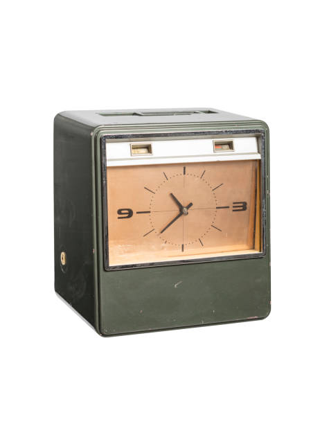 istock Hand putting card in time clock on white background 1444174845