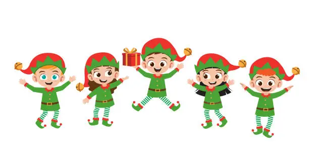 Vector illustration of Happy kids boy and girl smile wearing elf Christmas costume vector illustration set