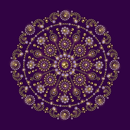 Jewellery luxury mandala with round motifs. Ornament made of gold jewelry chains, purple gems, rhinestones, ball beads in vintage style. For prints, poster, cover, textile, surface design.