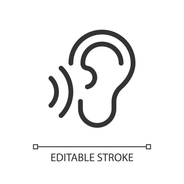 Listen pixel perfect linear ui icon Listen pixel perfect linear ui icon. Translator feature. Hear translation. Text spoken aloud. GUI, UX design. Outline isolated user interface element for app and web. Editable stroke. Arial font used ear stock illustrations