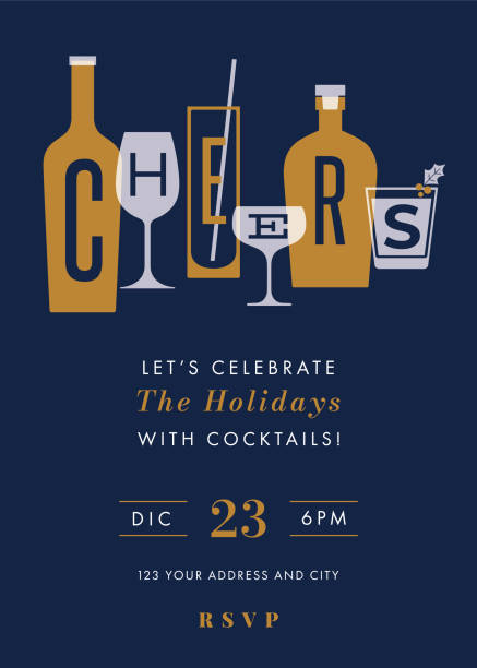 Holidays Party invitation with cheers. Holidays Party invitation with cheers.
Composition with cocktails, champaign, bottles and glasses. Stock illustration celebratory-toast stock illustrations