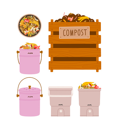 Compost bin, kitchen composter, vermicomposter, organic waste. Concept of eco gardening, tools for growing plants, houseplants, composting.