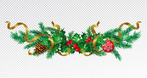 소나무 가지가 현실적입니다. 크리스마스 화환, 크리스마스 반짝이 테두리, 포인세티아 꽃, 잎 장식. 홀리 휴일 장식, 황금 리본 프레임. 벡터 절연 정확한 3d 절연 요소 - christmas frame wreath garland stock illustrations