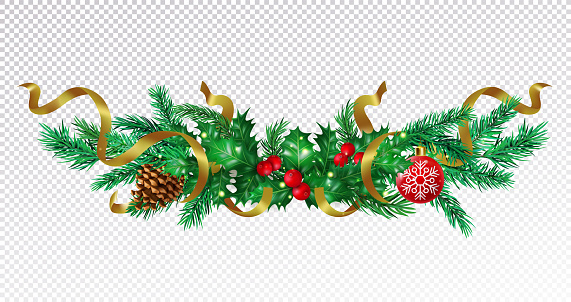 Pine tree branch realistic. Christmas garland, xmas tinsel border, poinsettia flower, leaf decor. Holly holiday decoration, golden ribbon frame. Vector isolated exact 3d isolated element