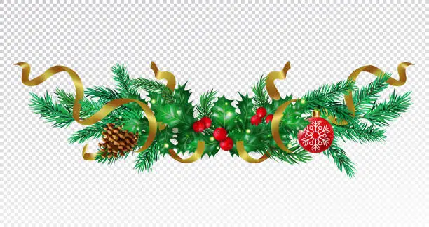 Vector illustration of Pine tree branch realistic. Christmas garland, xmas tinsel border, poinsettia flower, leaf decor. Holly holiday decoration, golden ribbon frame. Vector isolated exact 3d isolated element