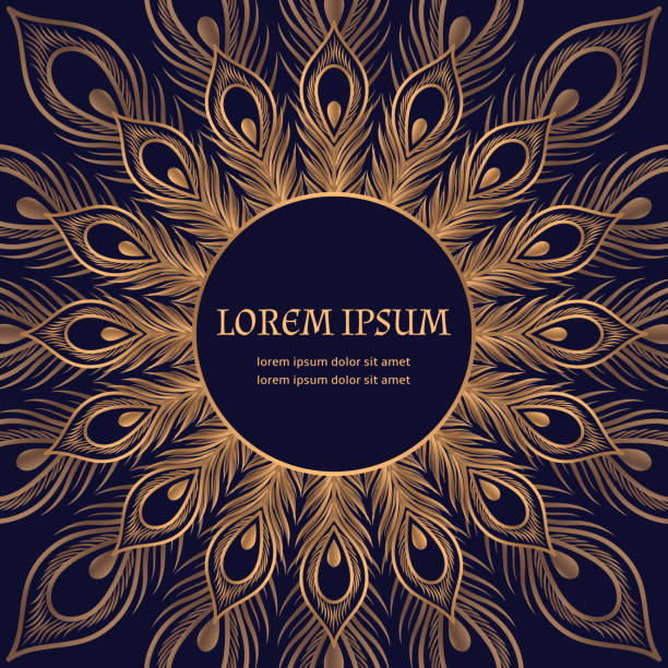 Luxury background peacock feathers pattern vector. Oriental gold black royal wedding invitation Luxury background peacock feathers pattern vector. Oriental gold black royal wedding invitation. Ethnic design for beauty spa salon, birthday, Ramadan, anniversary, holiday cards template. peacock feather stock illustrations