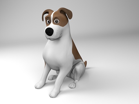 3d cartoon dog sitting on the floor, illustration isolated on white background