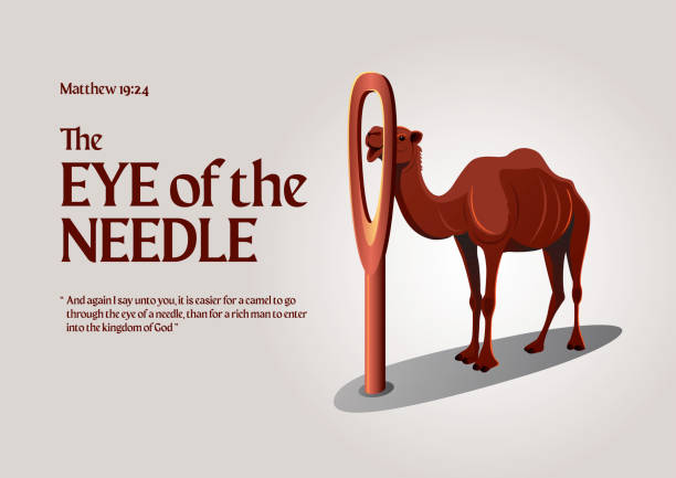 Camel and a giant needle in the desert vector illustration Christianity, Bible, religion concept. A camel and a giant needle in the desert church like a holy light from god stock illustrations