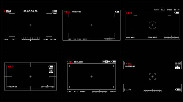 illustrations, cliparts, dessins animés et icônes de ensemble de caméra vidéo photo numérique à viseur d’interface. écran large avec indicateur de temps du mode instantané de l’élément d’interface utilisateur. illustrations de l’écran du viseur à cames. écran de mise au point. - toy camera