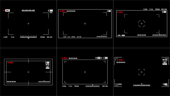 Set of Interface viewfinder digital photo video camera. Widescreen with ui element snapshot mode time indicator. Cam viewfinder screen illustrations. Focusing screen.