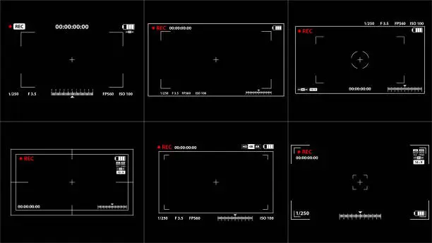 Vector illustration of Set of Interface viewfinder digital photo video camera. Widescreen with ui element snapshot mode time indicator. Cam viewfinder screen illustrations. Focusing screen.