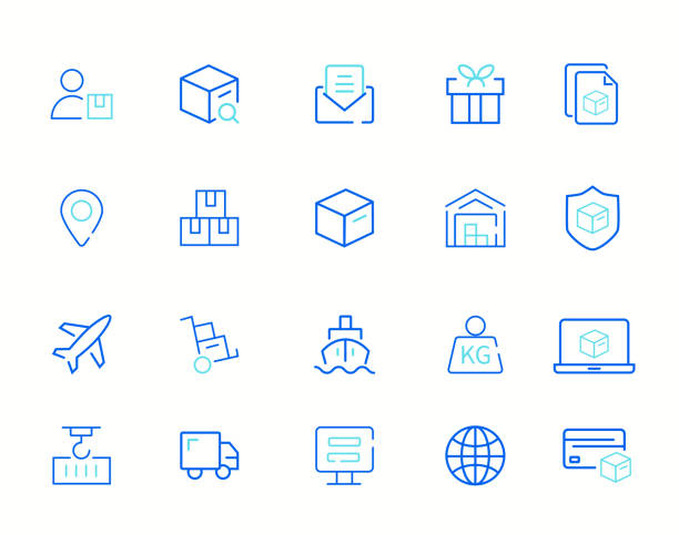 ilustrações de stock, clip art, desenhos animados e ícones de simple set of shipping related vector line icons. contains such icons as courier, package protection, return and more. delivery icons. vector line icons. simple outline symbols set. - strike