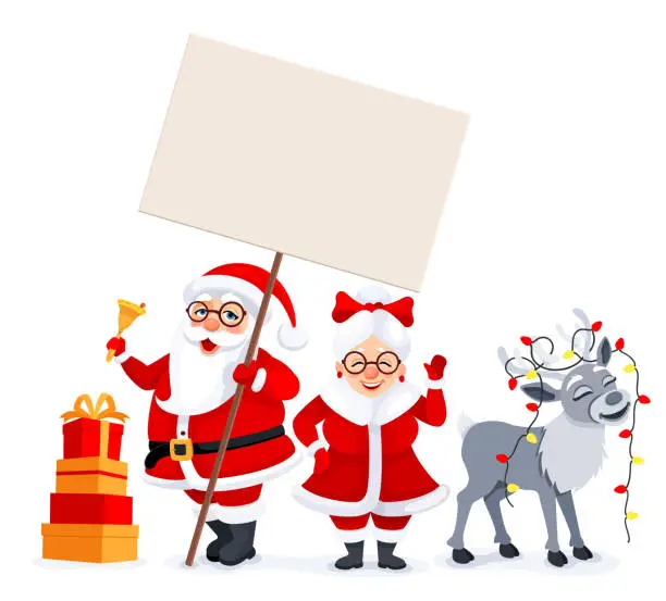 Vector illustration of Christmas Funny Design. Santa Claus holding a sign board.