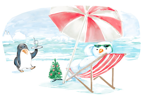 Digital illustration in watercolor style. Funny greeting card illustration. Snowman sitting in beach-chair under umbrella and celebrating Merry Christmas by the Antarctica coast. Little penguin as a waiter fetching some beverage. Icebergs and ice floes float on the shore.